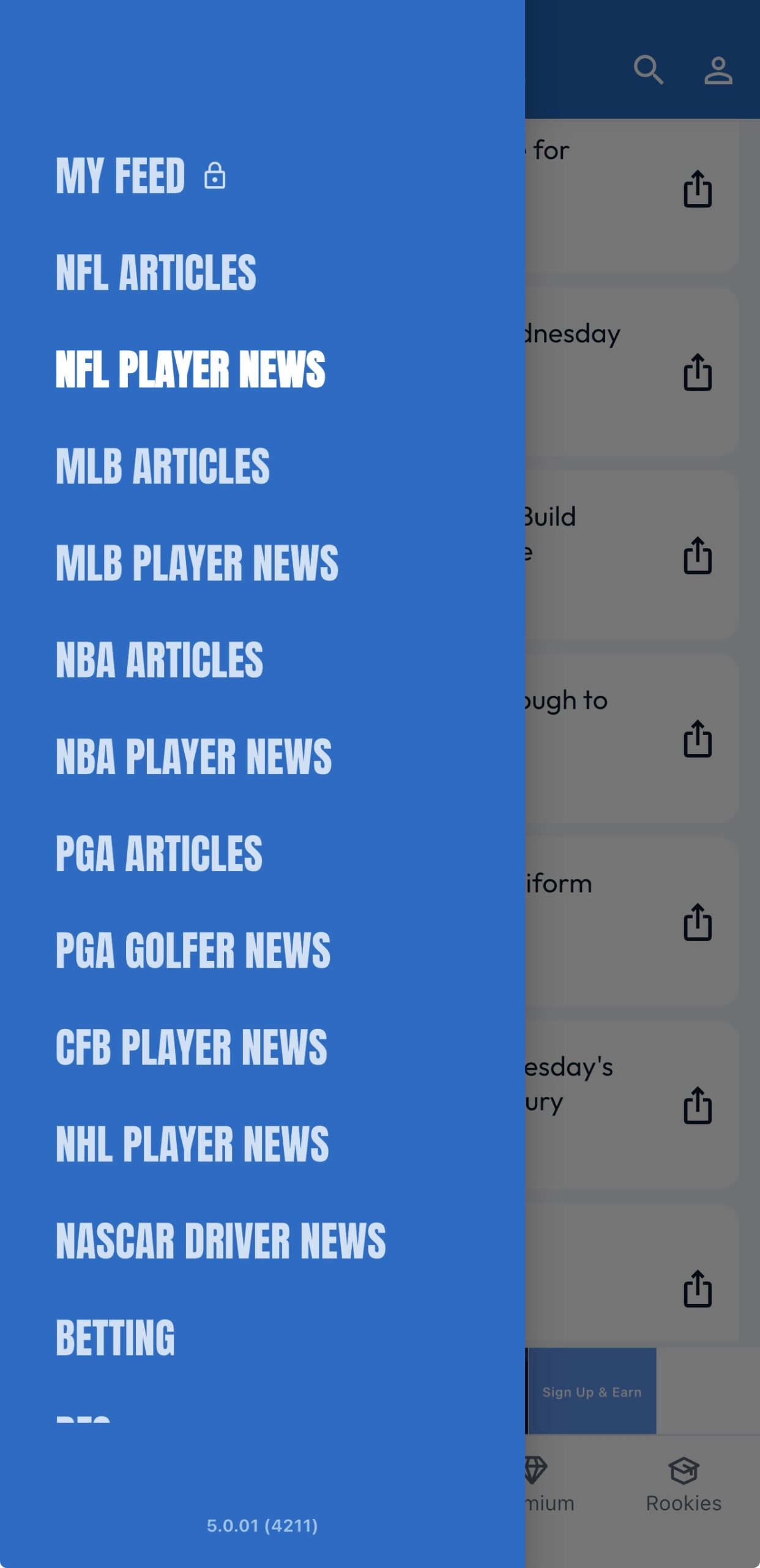 RotoBaller app navigation drawer listing NFL, MLB, NBA, PGA, CFB, NHL and NASCAR news sections
