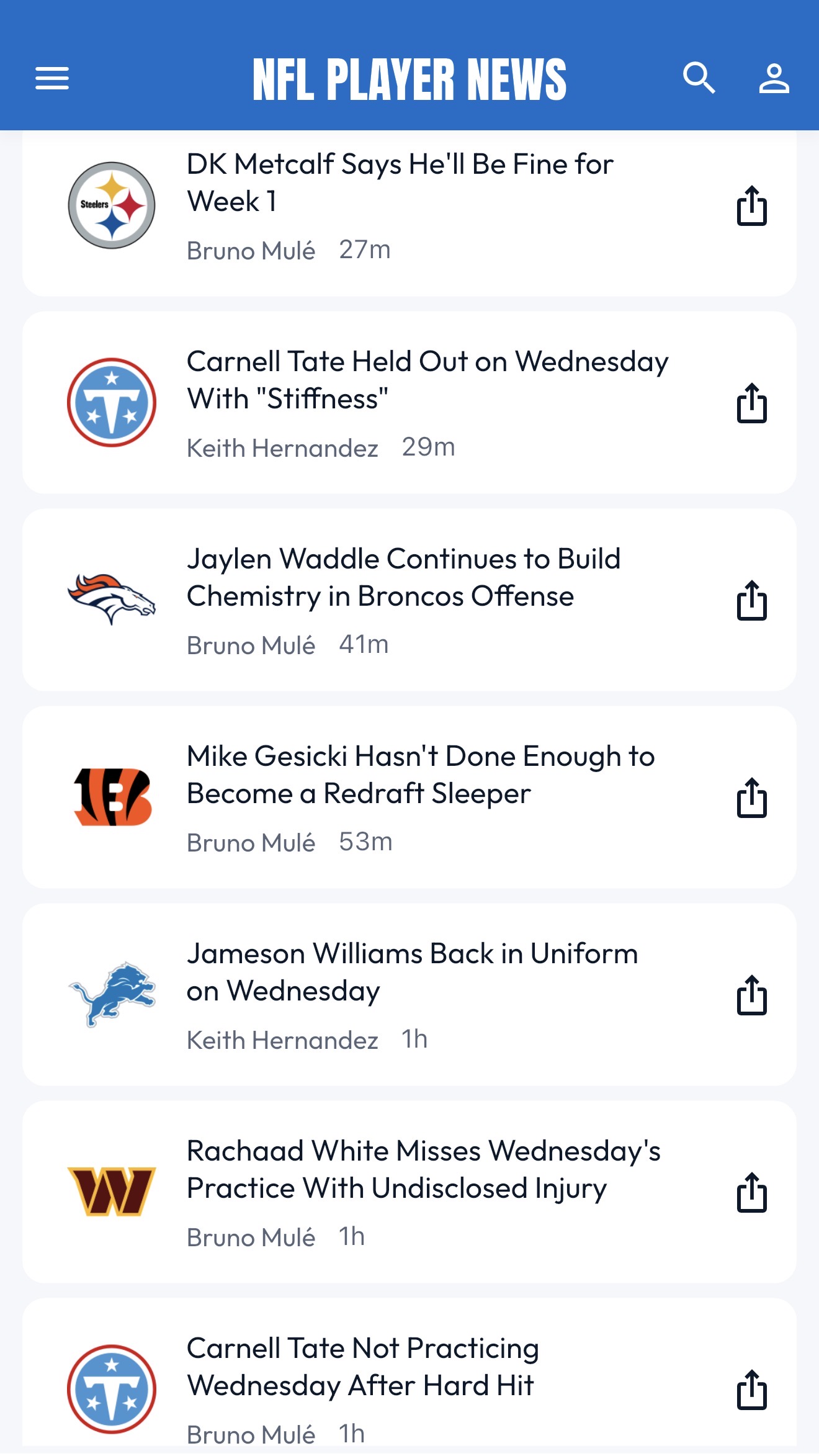 RotoBaller app NFL player news feed with breaking injury updates