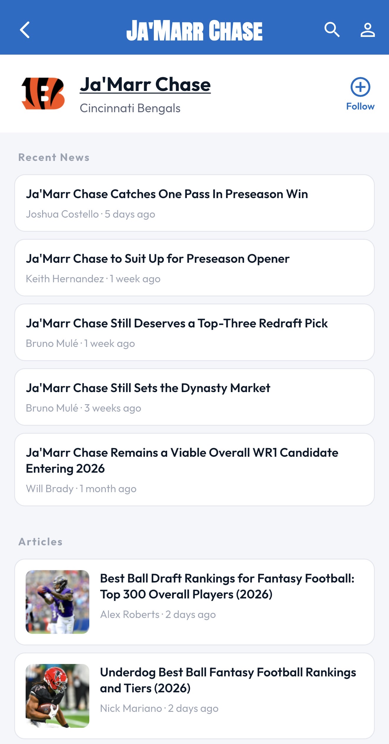 RotoBaller app player page for Ja&rsquo;Marr Chase showing a Follow button, recent news and related articles