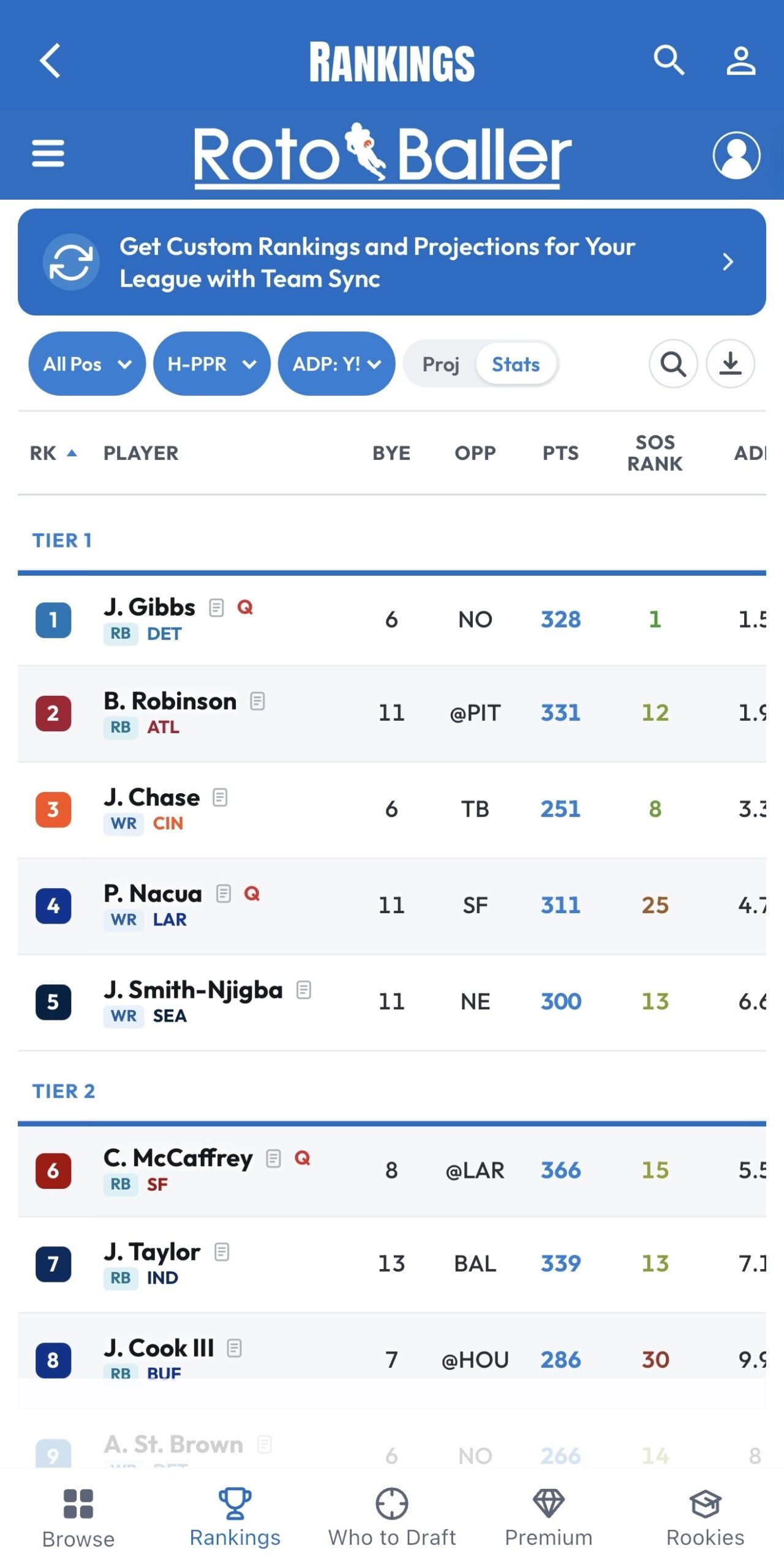 RotoBaller app fantasy football rankings with tiers and projections